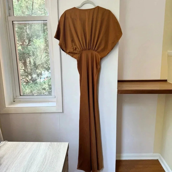 NWT Anthropologie BHLDN Amelia Deep V Satin Gown Maxi Dress Long in Rust Brown 4 - Picture 8 of 16